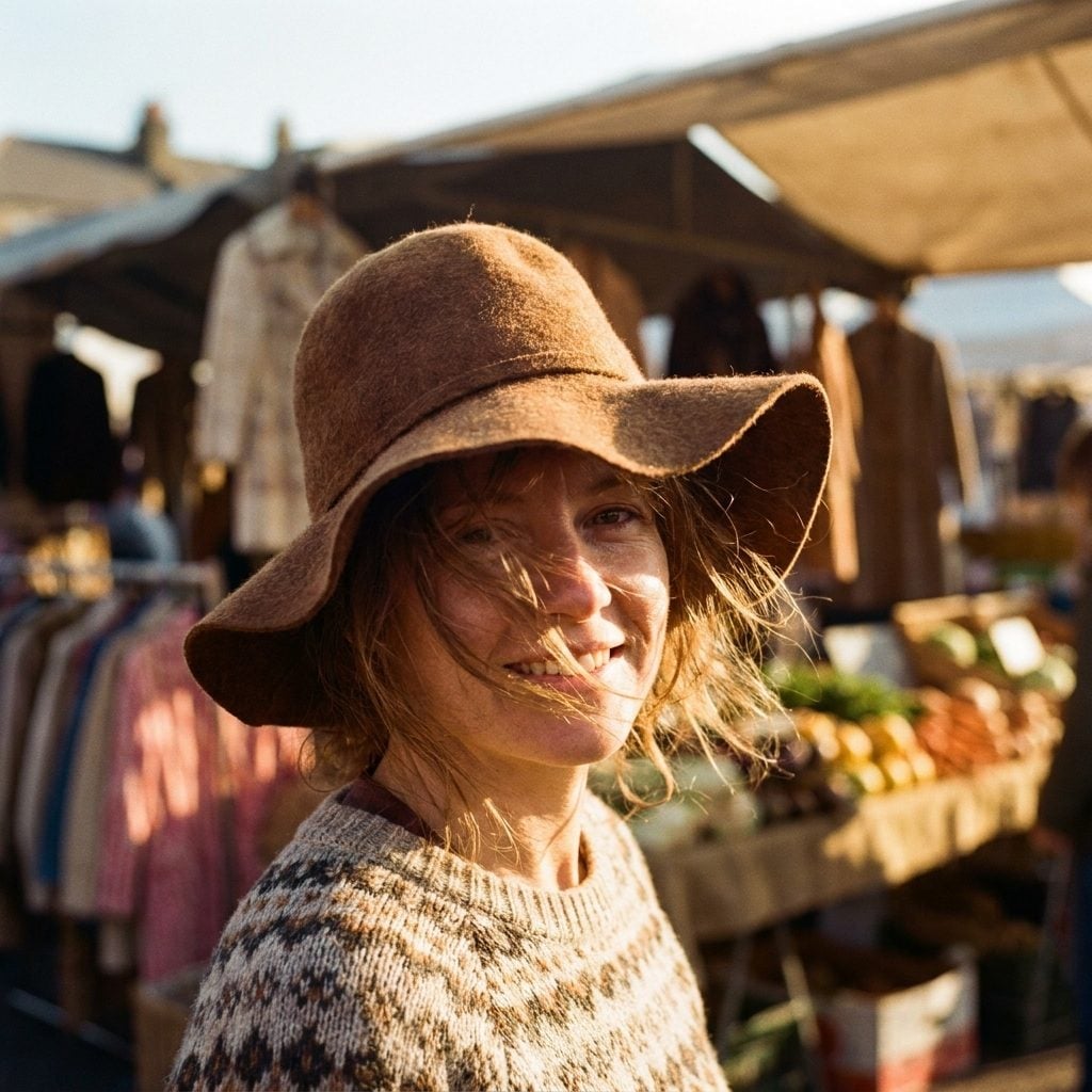 Camel felt brimmed hat worn with a warm patterned knit