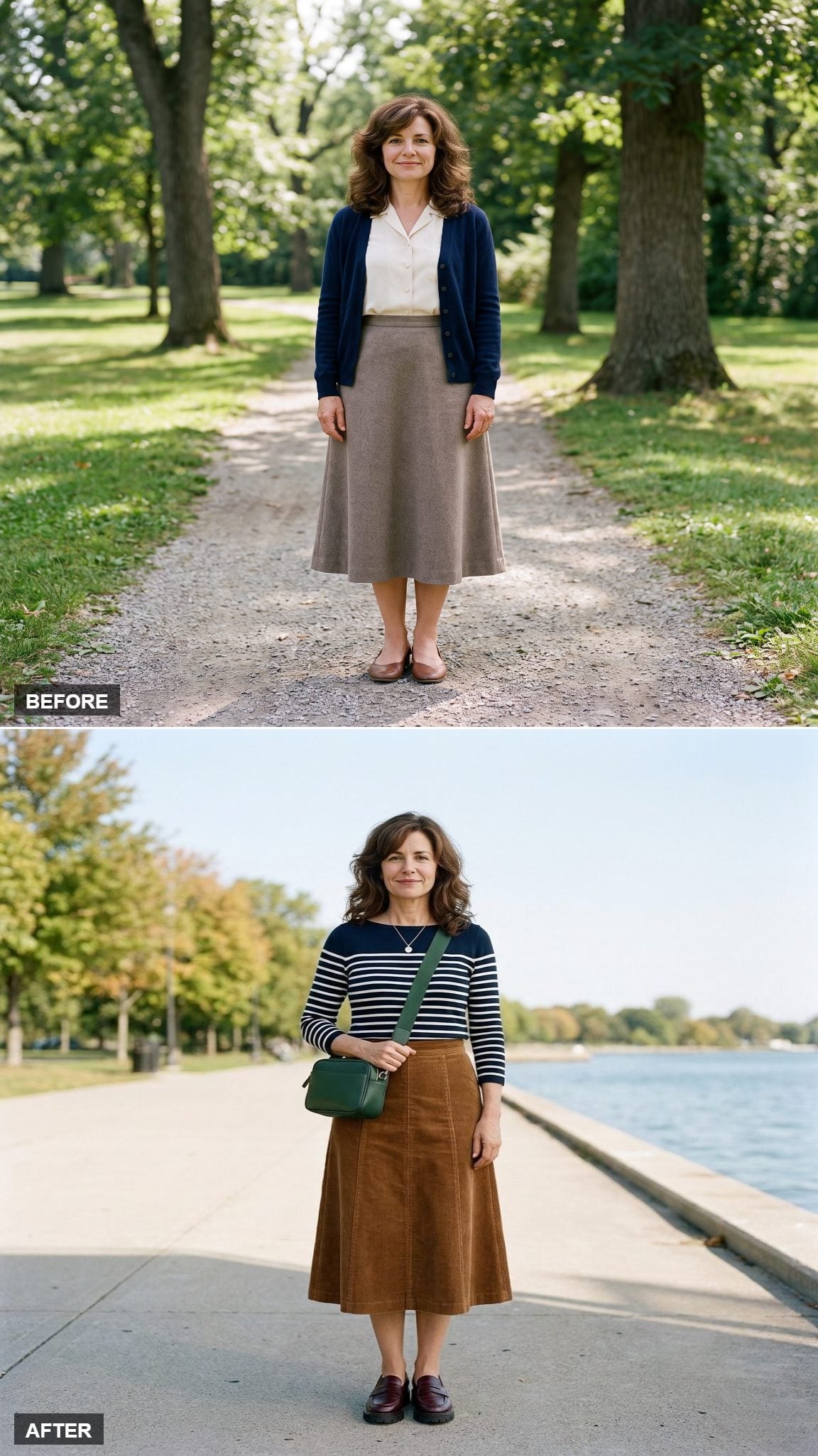 Tobacco Corduroy and Breton Stripes with a Forest-Green Camera Bag