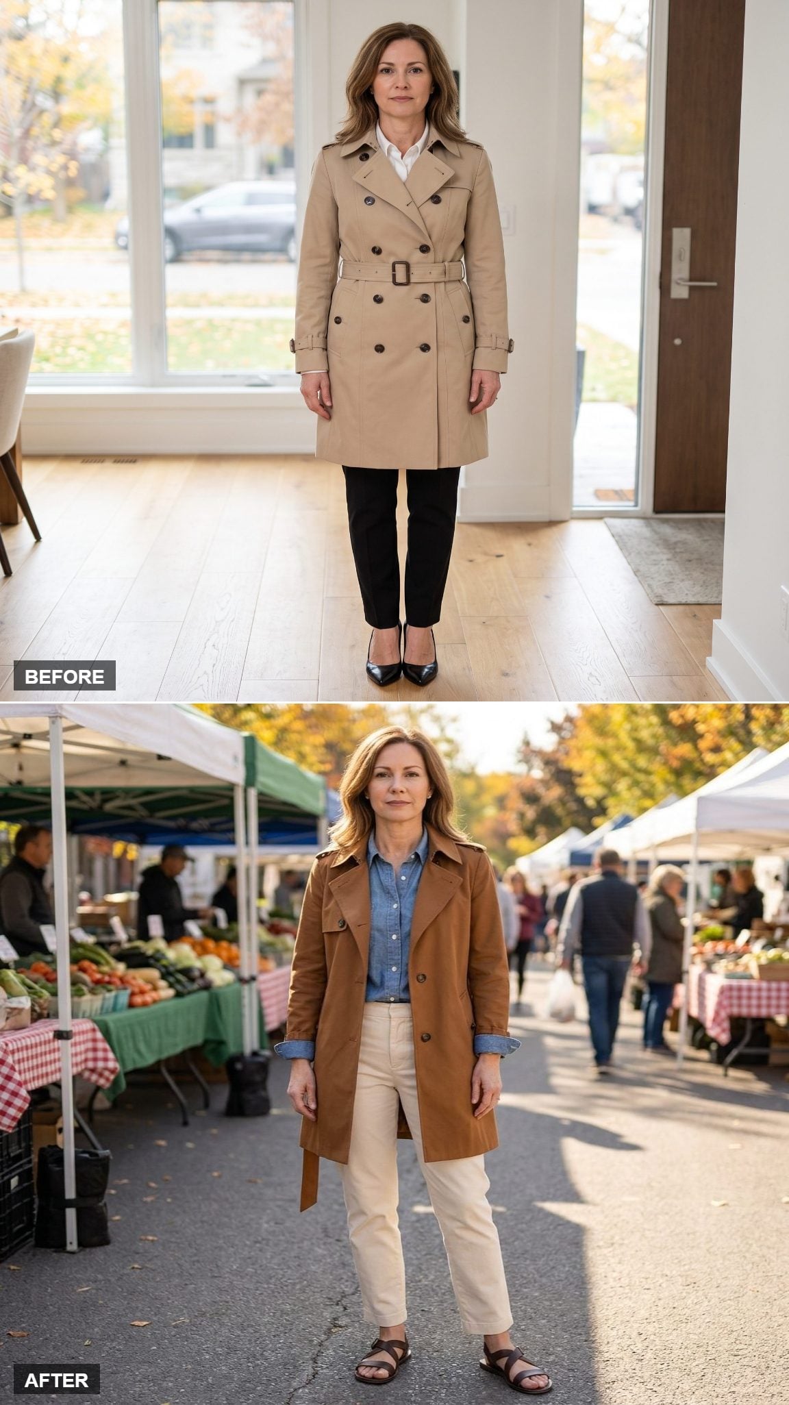 Tobacco Hip-Length Trench, Faded Chambray, and Cream Chinos at a Saturday Farmers' Market