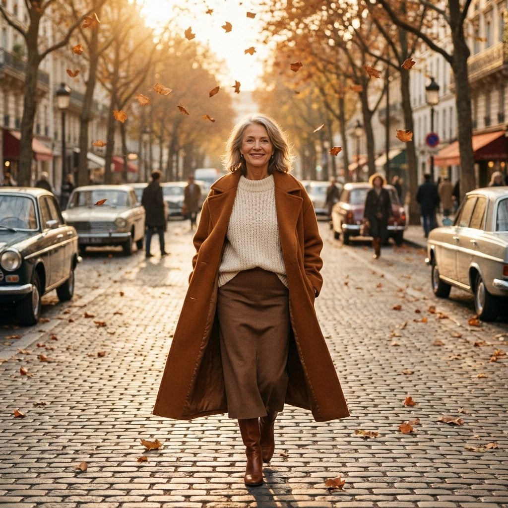 Tobacco Long Coat, Cream Knit, and Chocolate Straight Skirt