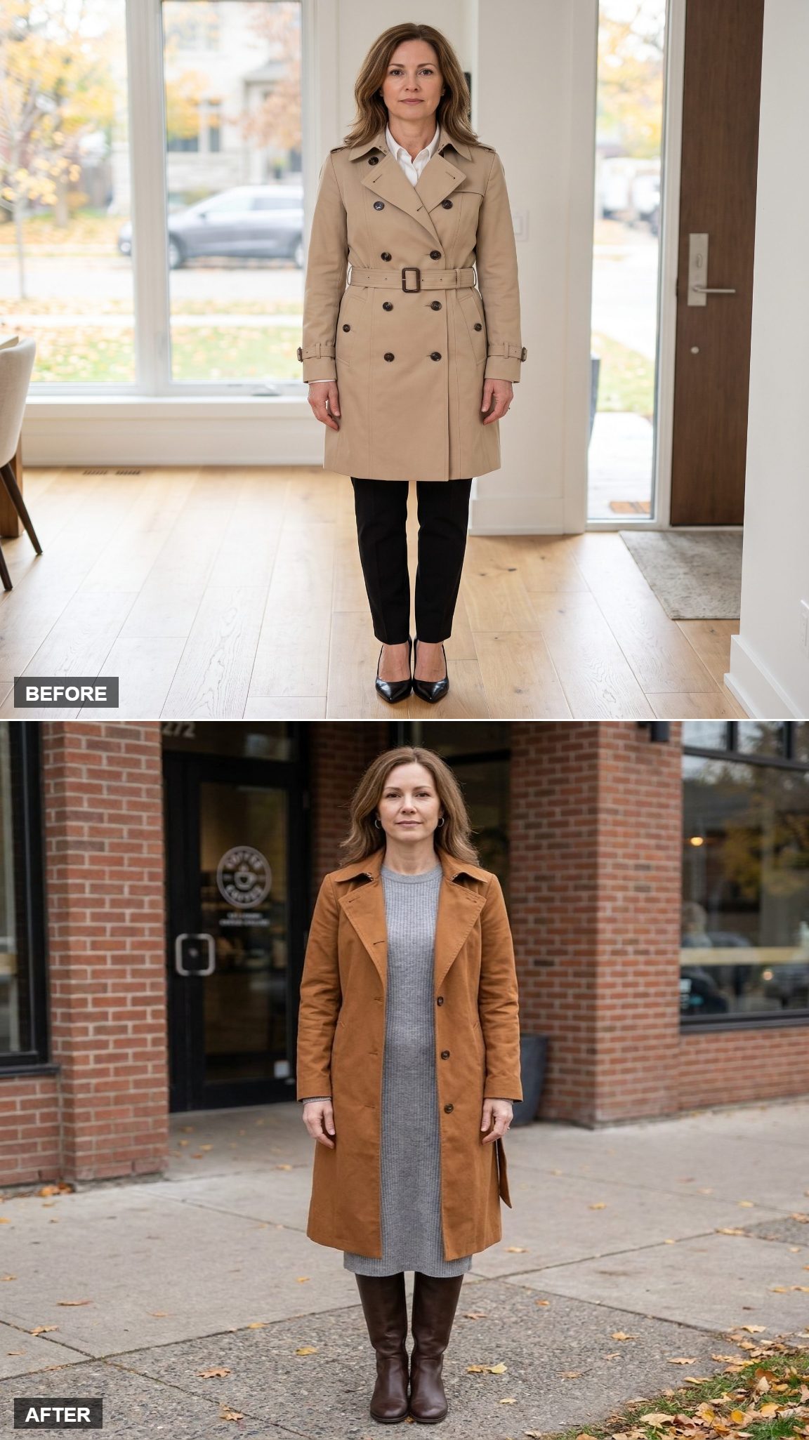 Tobacco Midi Trench + Heather-Gray Sweater Dress + Flat Chocolate Knee Boots