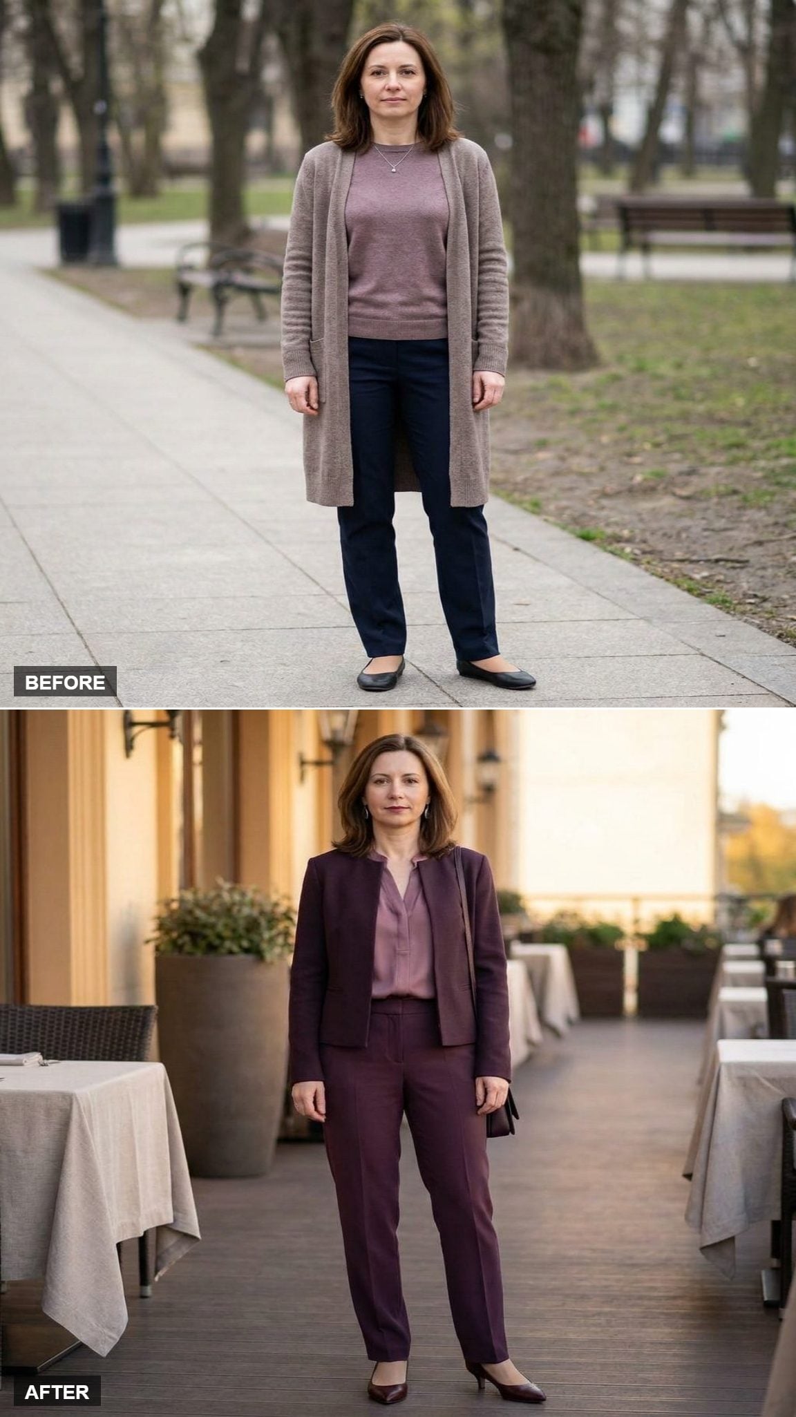 Tonal Plum Trousers, Mauve Silk-Crepe Blouse, and Aubergine Jacket with Oxblood Kitten Heels on a Restaurant Terrace
