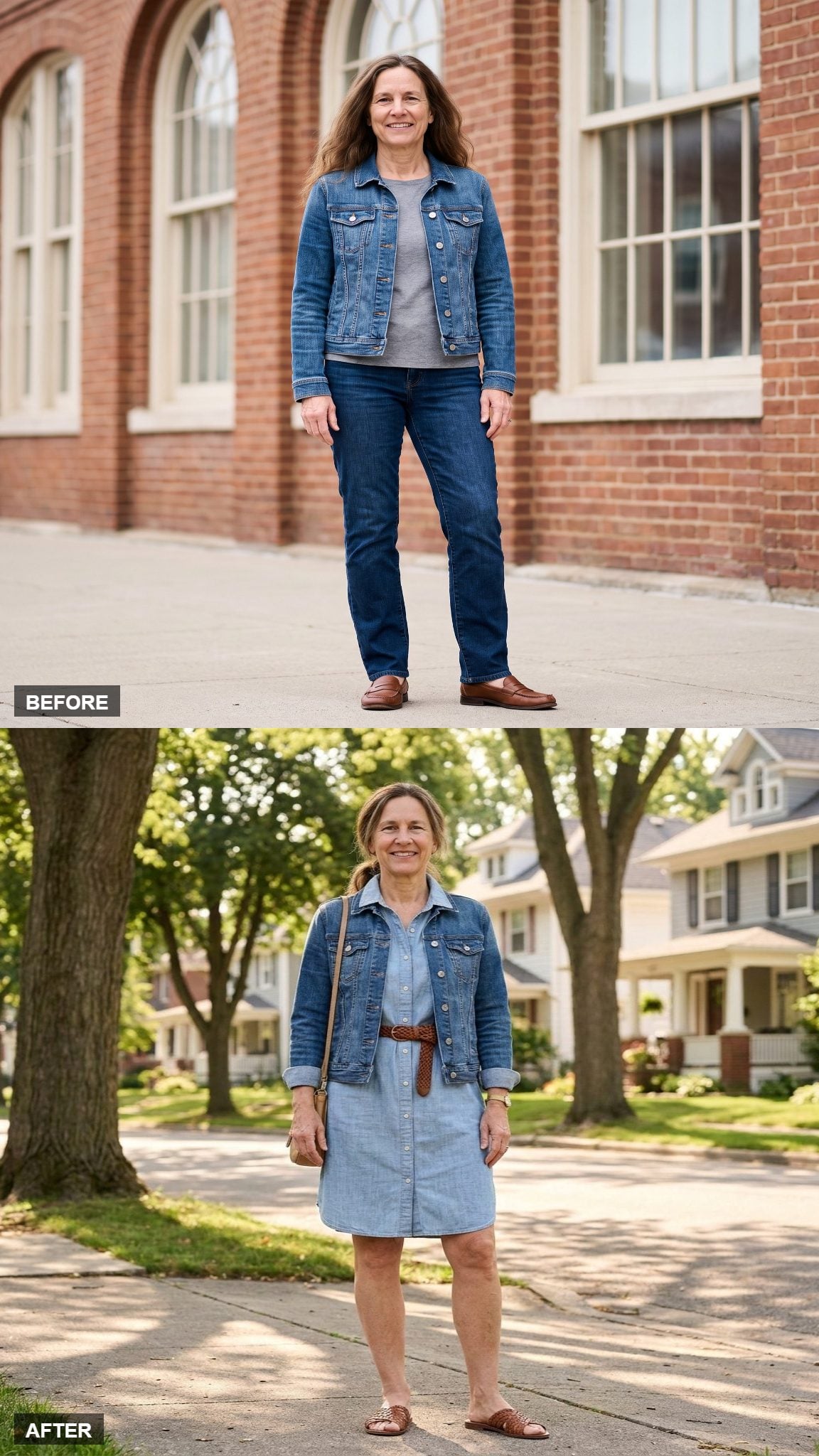 Tree-Lined Street in a Chambray Shirt Dress