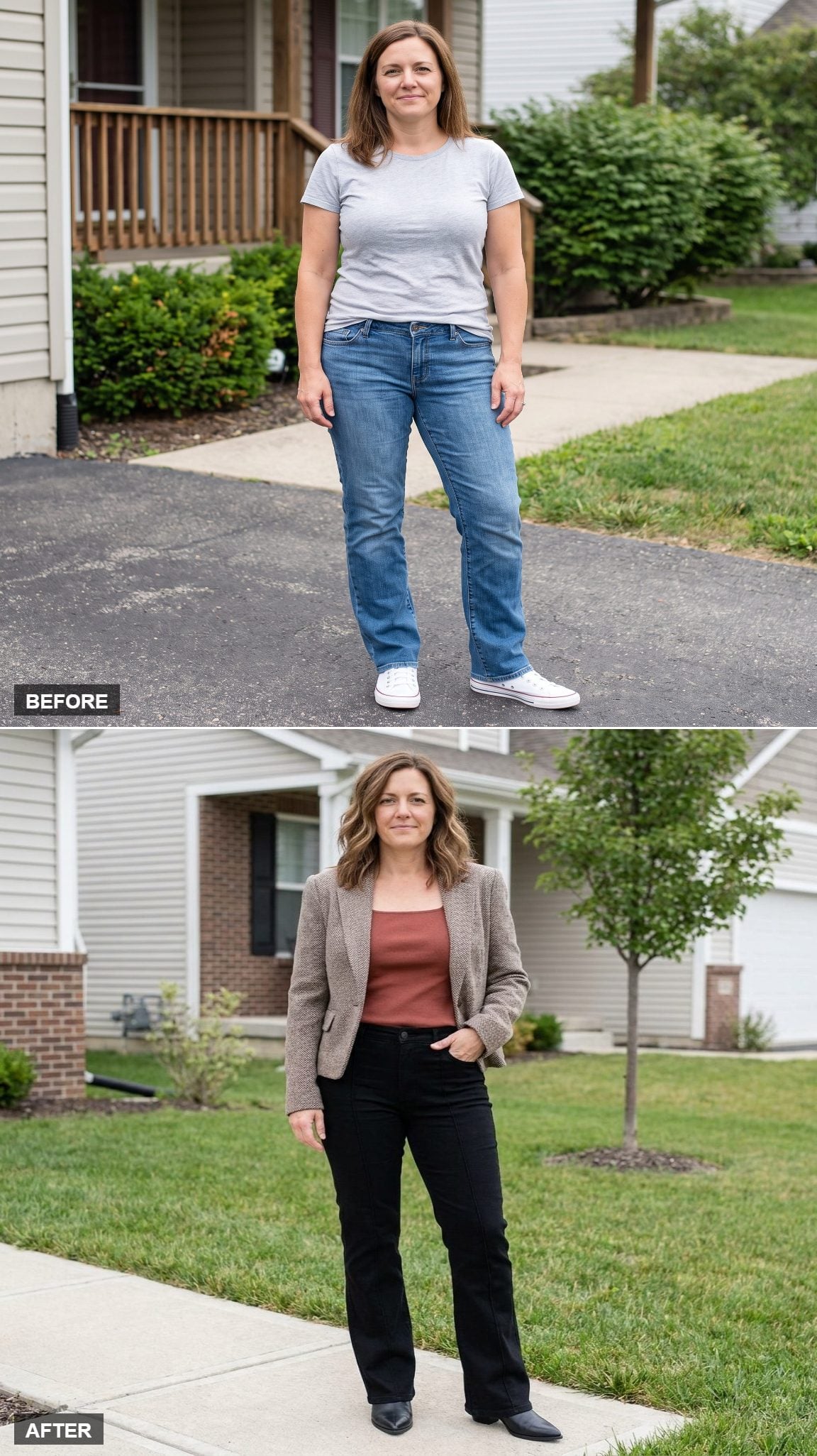 True-Black Bootcut Jeans With Stitched Front Seams, Rust Knit, and a Herringbone Jacket
