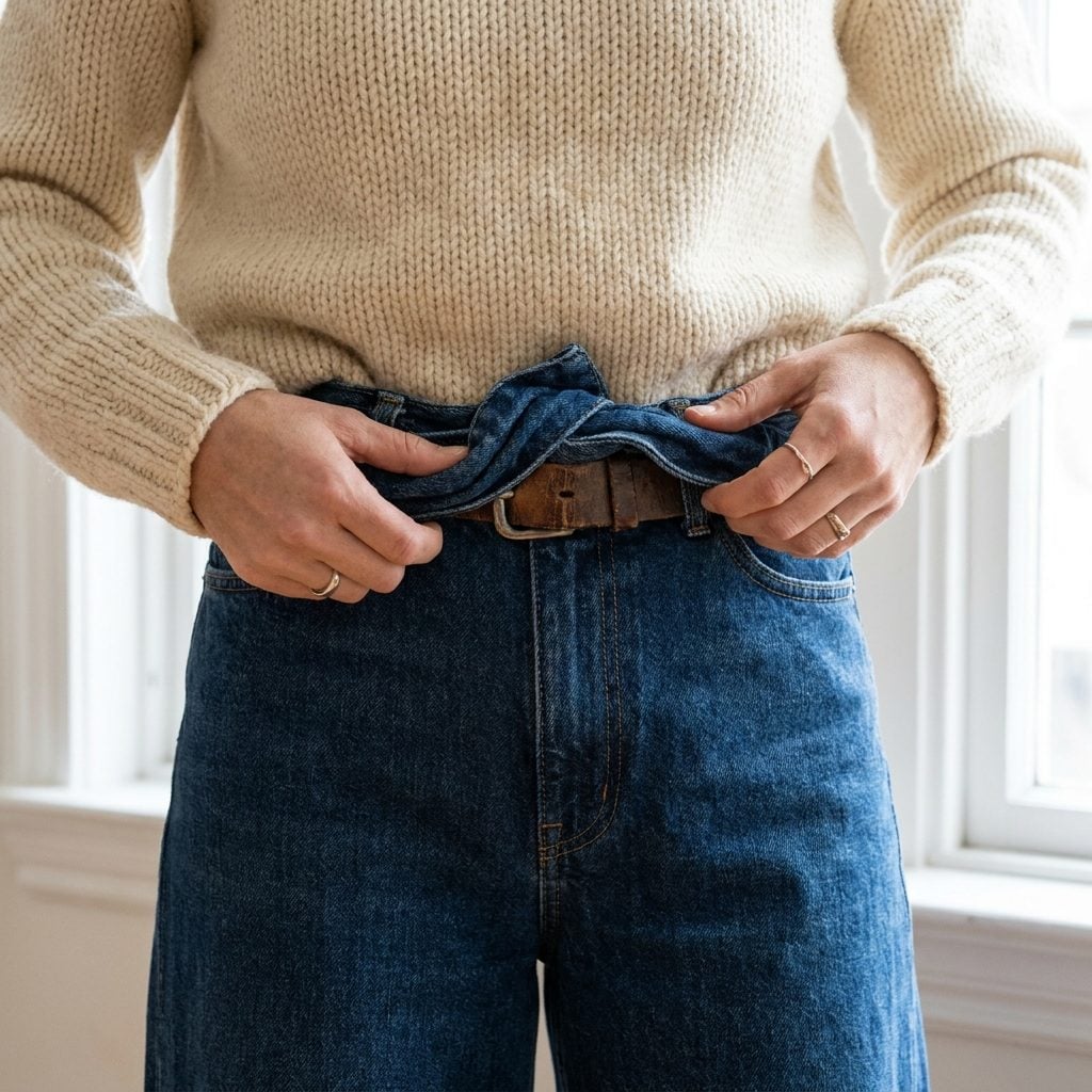 Tucking a Bulky Sweater Into Wide-Leg Jeans and Creating Extra Bulk Around the Waist