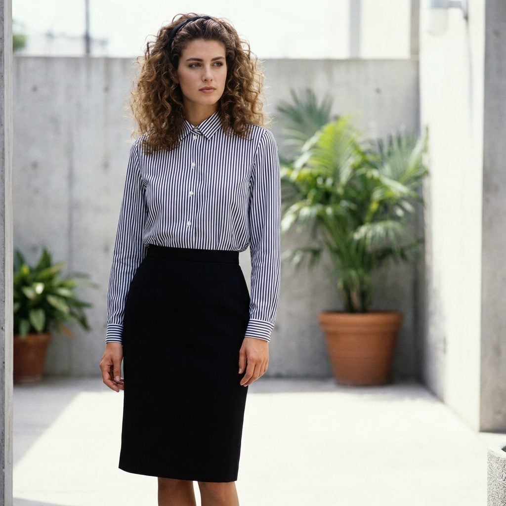Vertical-striped blouse paired with a solid black skirt and red handbag