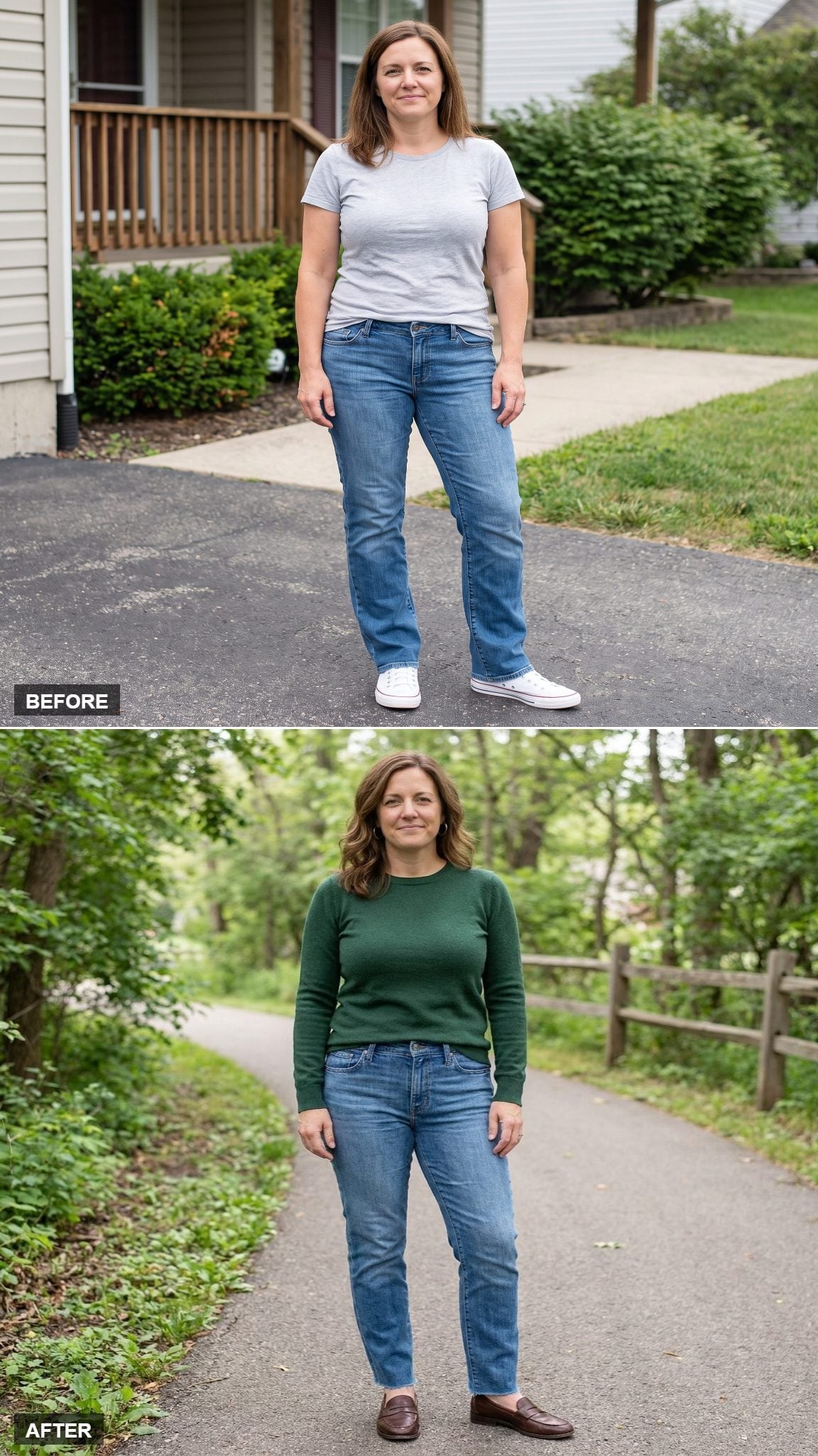 Vintage Medium-Blue Slim Straights, Forest-Green Sweater, and Dark Loafers on a Greenway