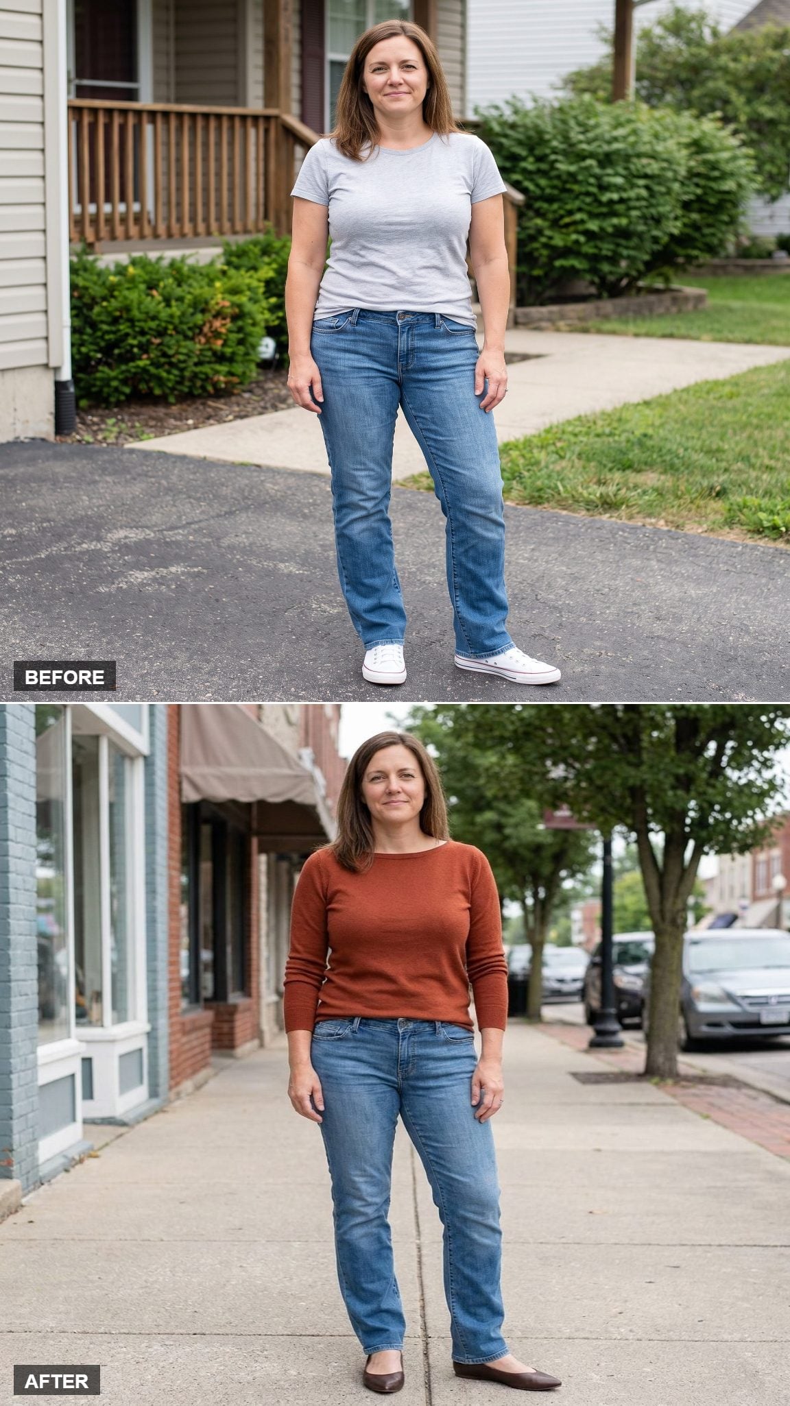 Vintage Medium-Blue Slim-Straights, a Rust Boat-Neck Sweater, and Dark-Brown Ballet Flats on Main Street