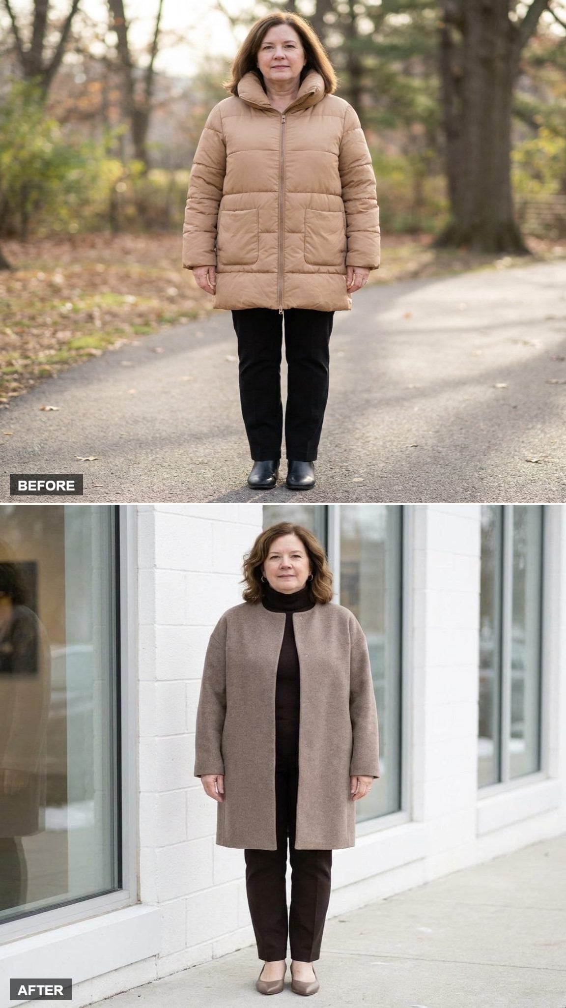 Warm Taupe Cocoon Coat in Double-Faced Wool, Worn Open Over Espresso Cigarette Trousers Outside a Gallery