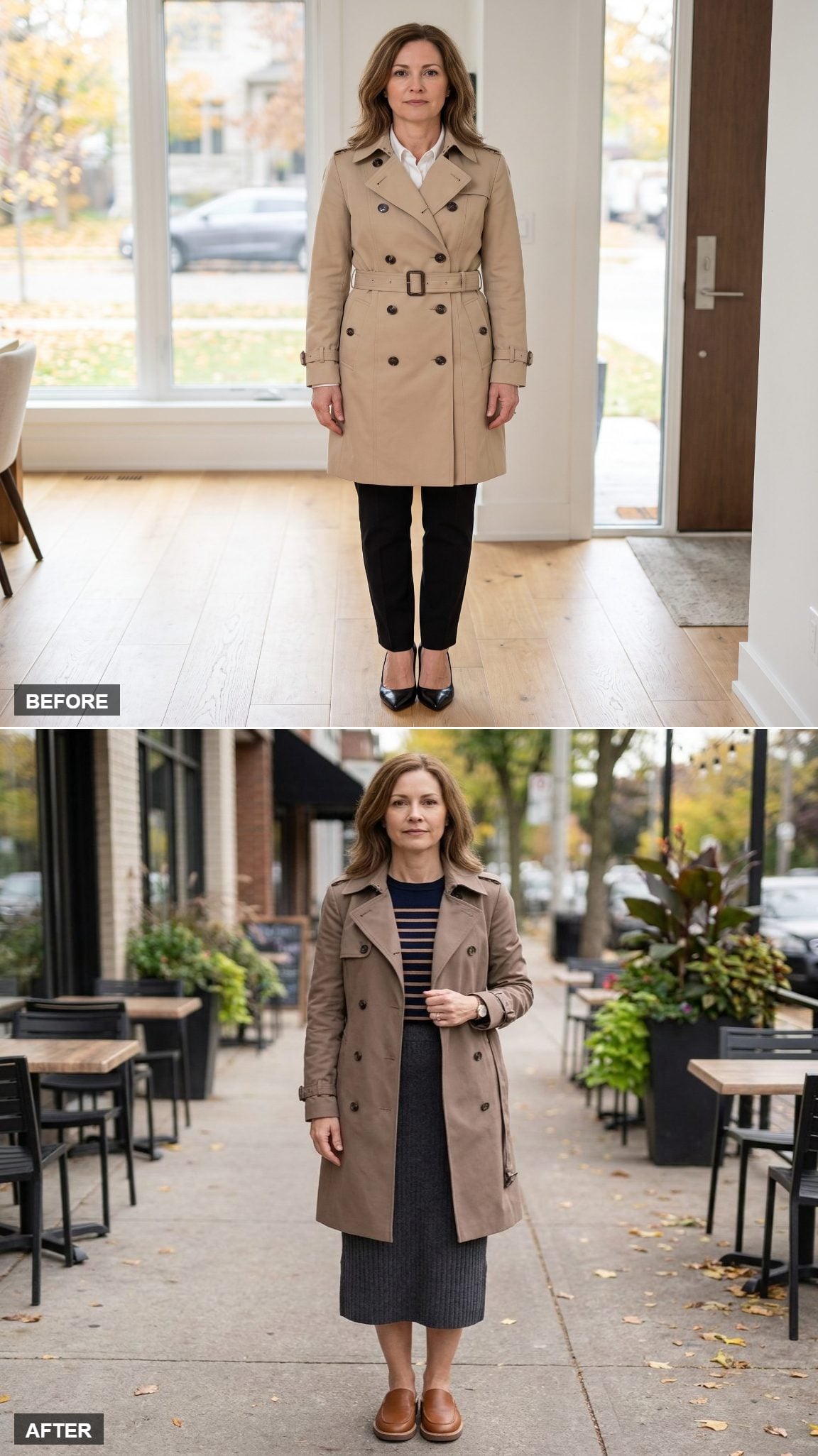 Warm Taupe Trench Casually Buttoned Over Striped Knit With Charcoal Ribbed Midi and Cognac Flat Mules