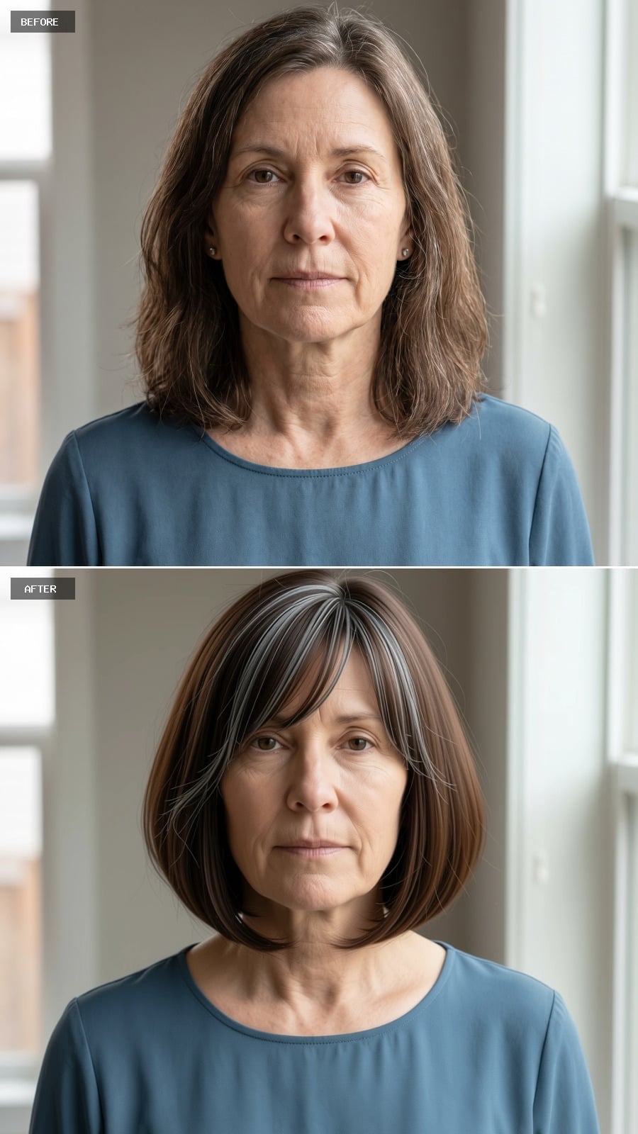 Dark brown chin-length bob with side-swept bangs