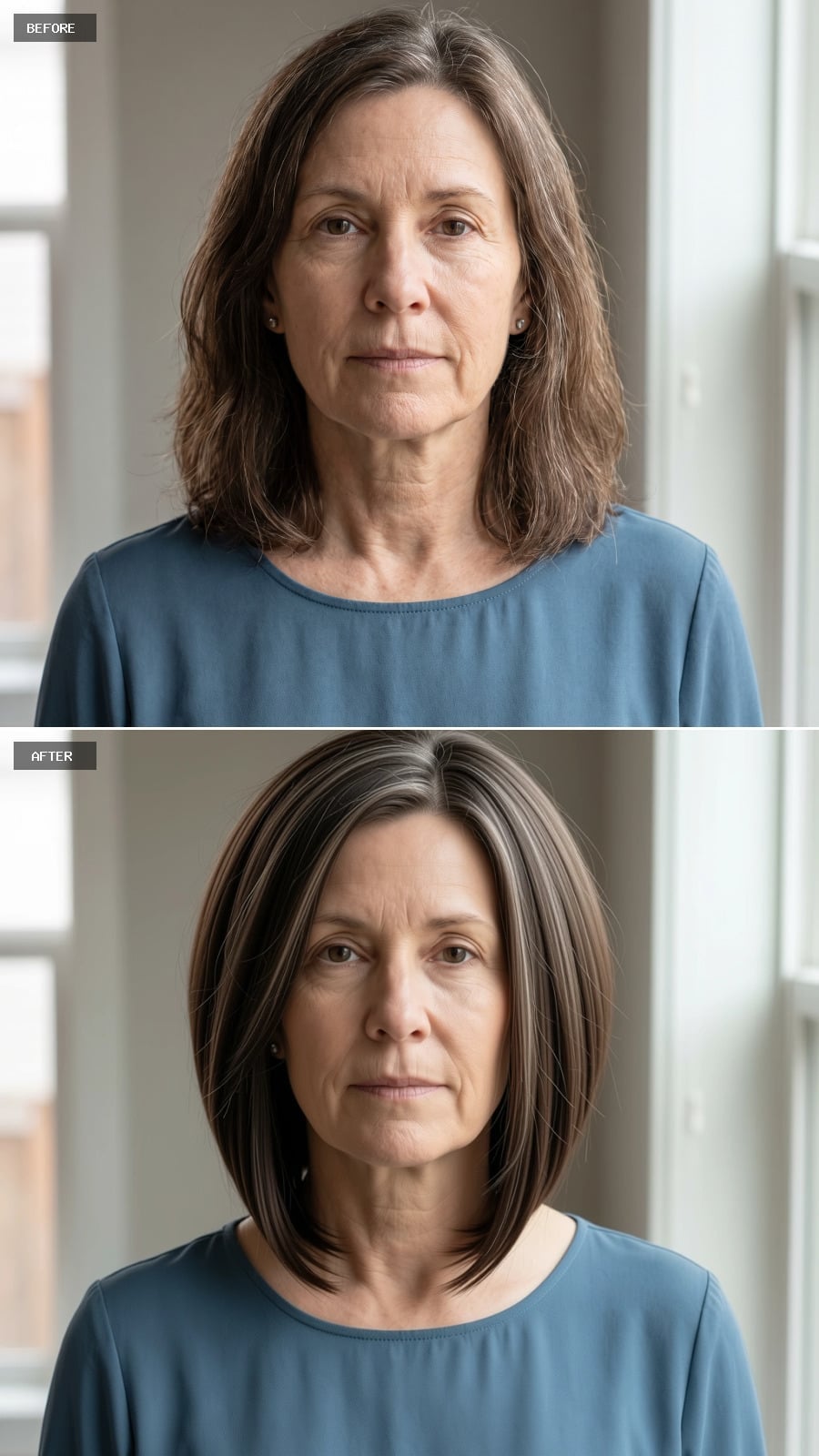Dark brown chin-length bob with silver crown streaks