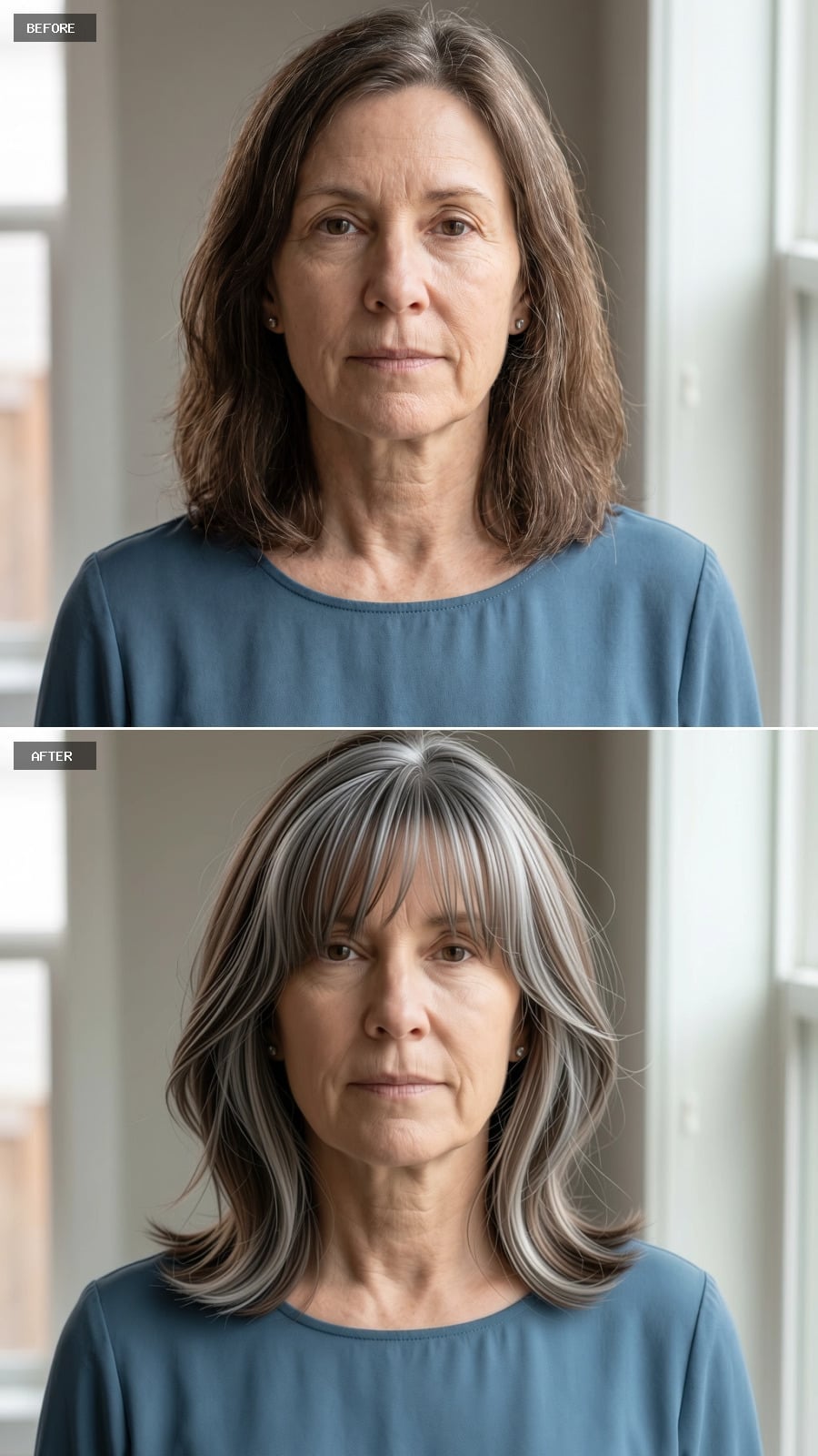 Gray-and-white layered haircut with sweeping bangs