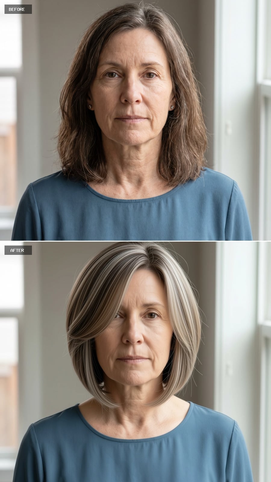 Gray-and-white short bob with soft rounded jawline shape