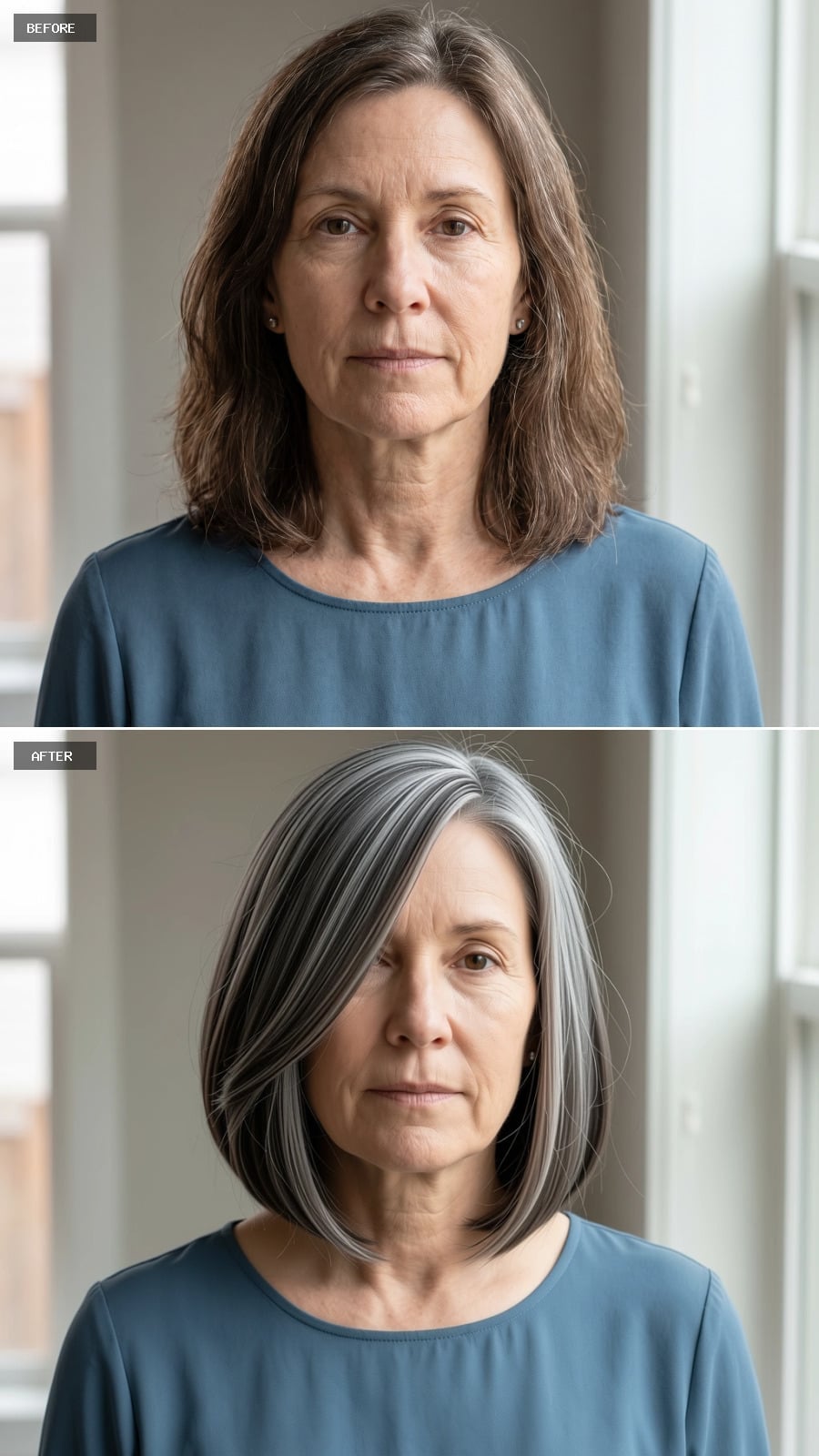 Gray-and-white textured bob with side part