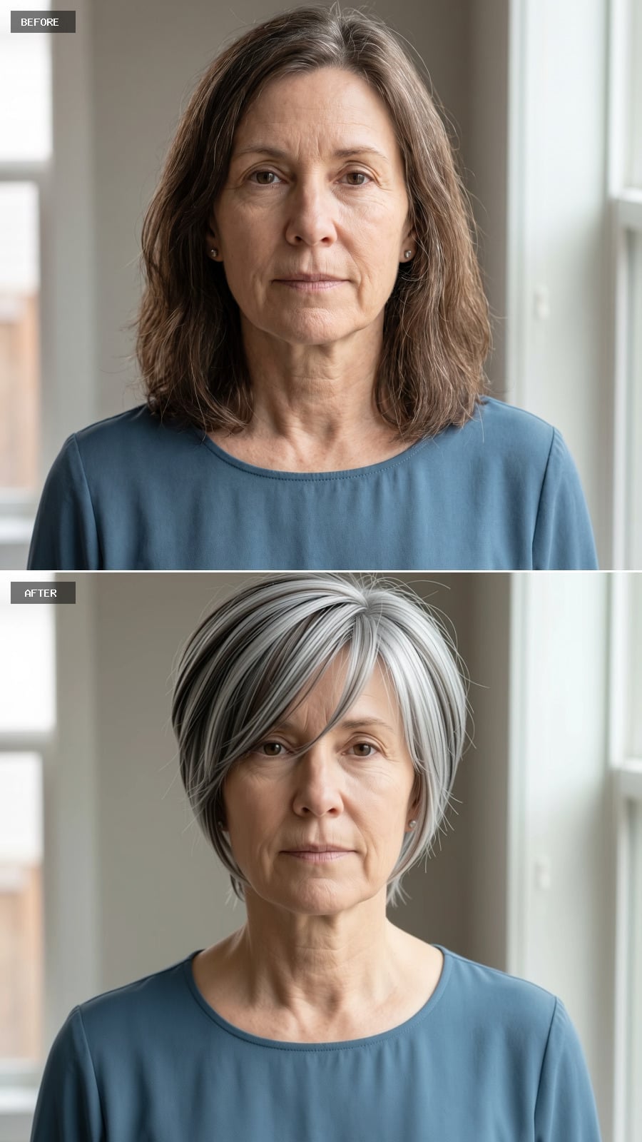 Gray-and-white short layered bob with side-swept fringe