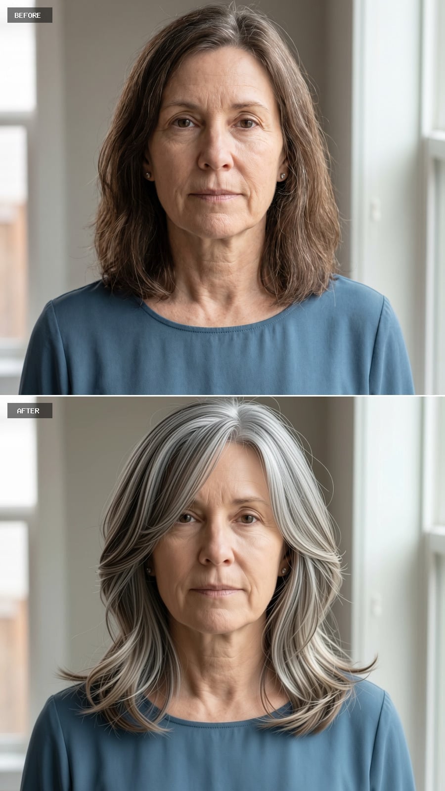 Long gray-and-white layered haircut swept away from the face