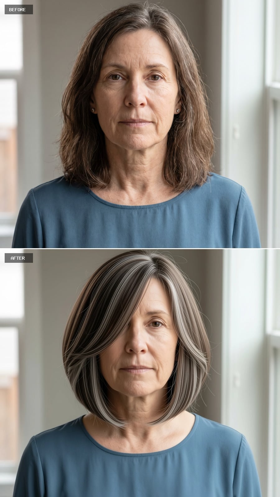 Gray-streaked jaw-length bob with slight forward angle