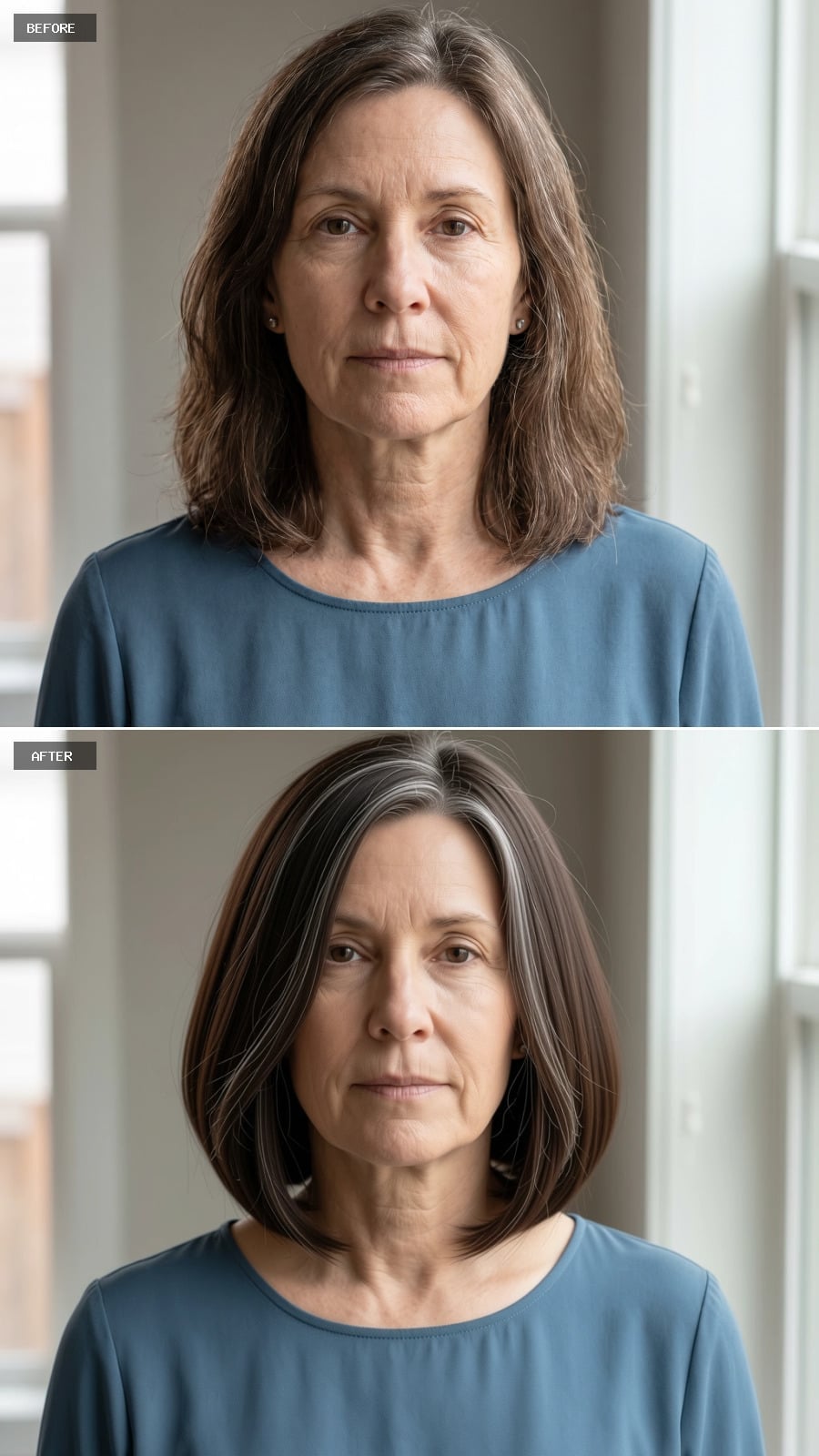 Gray-streaked straight bob with longer front