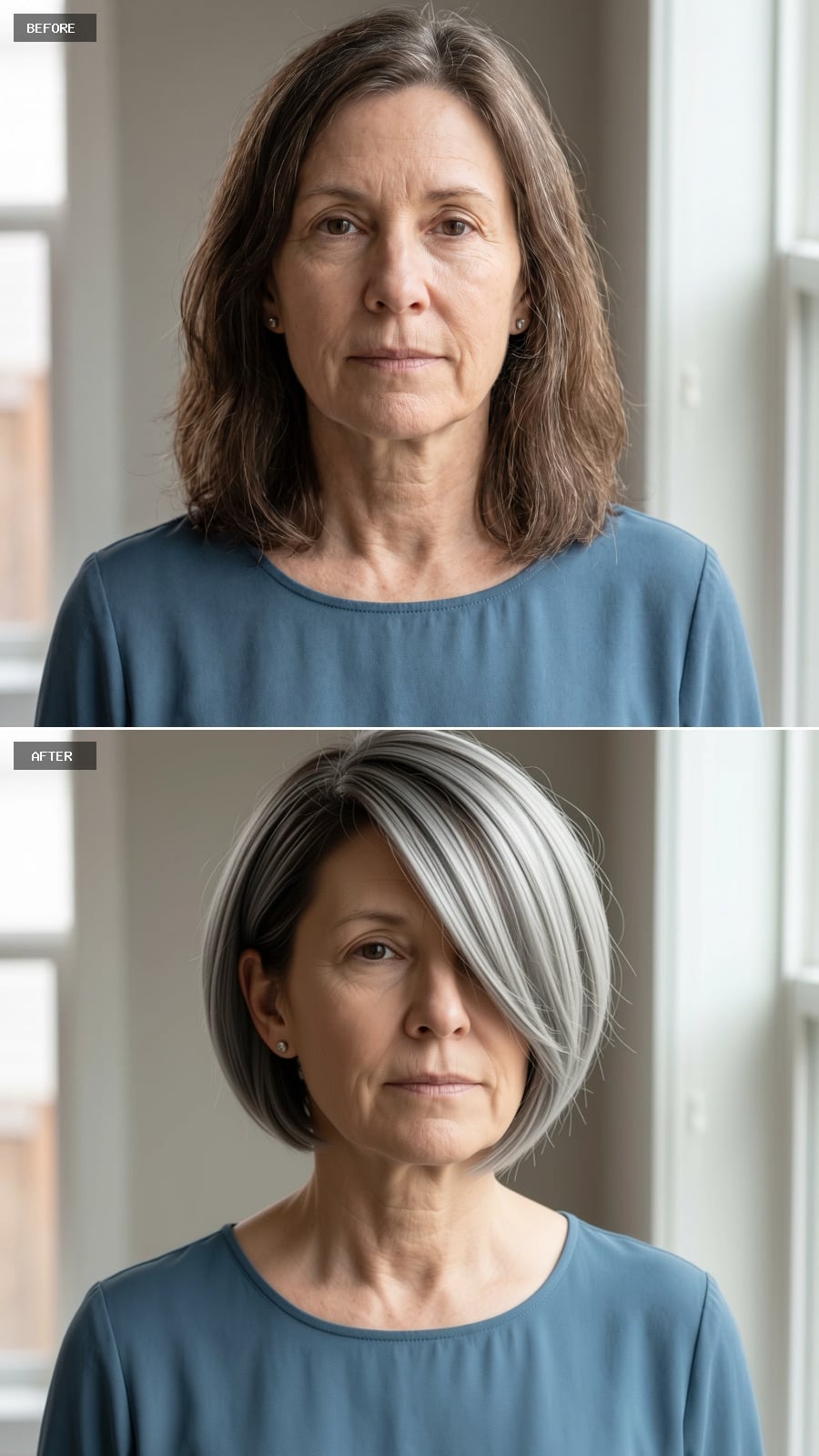 Gray-white jaw-length bob with deep side part