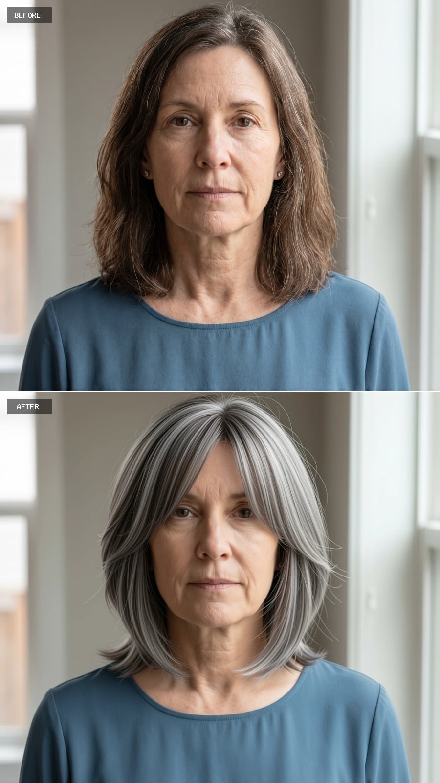 Gray-white layered bob with diagonal swept layers