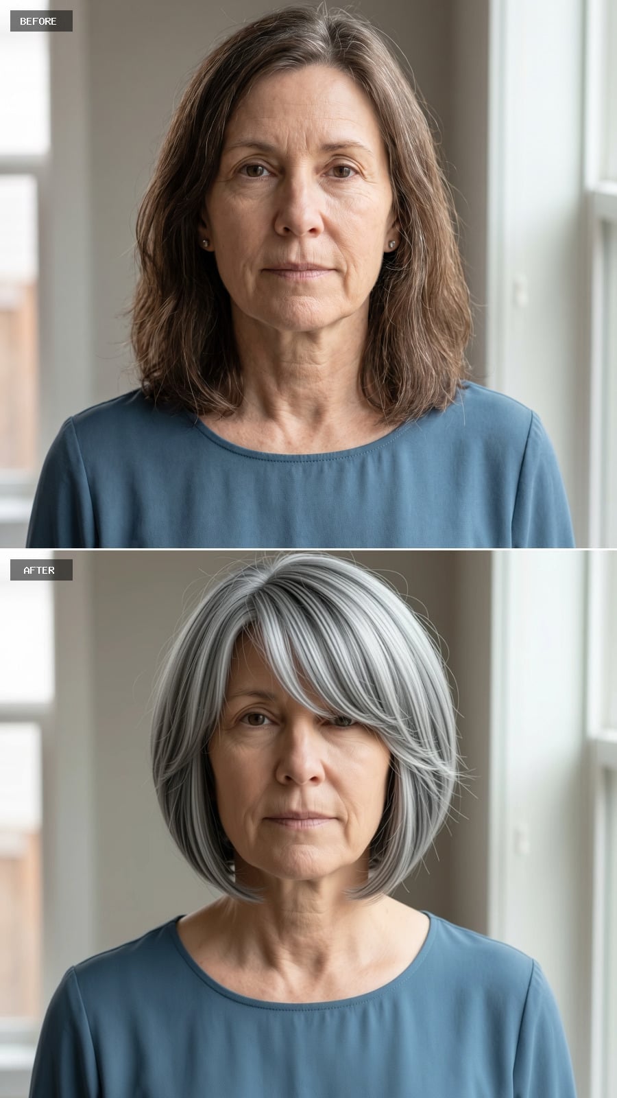 Gray-white chin-length bob with side-swept crown volume