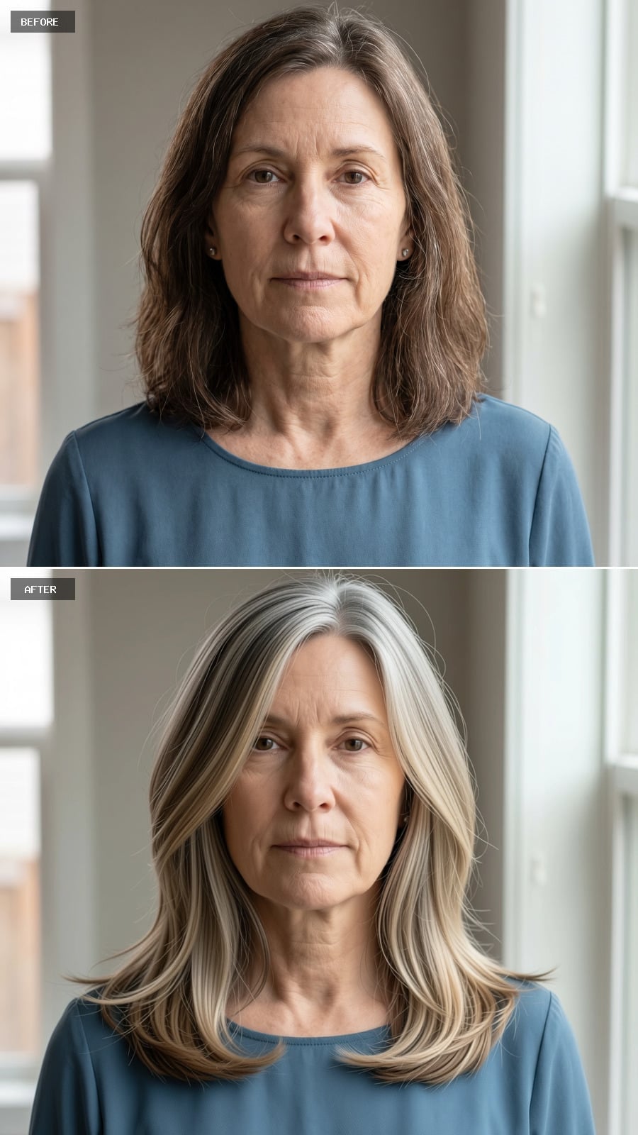 Shoulder-length gray and beige layered haircut