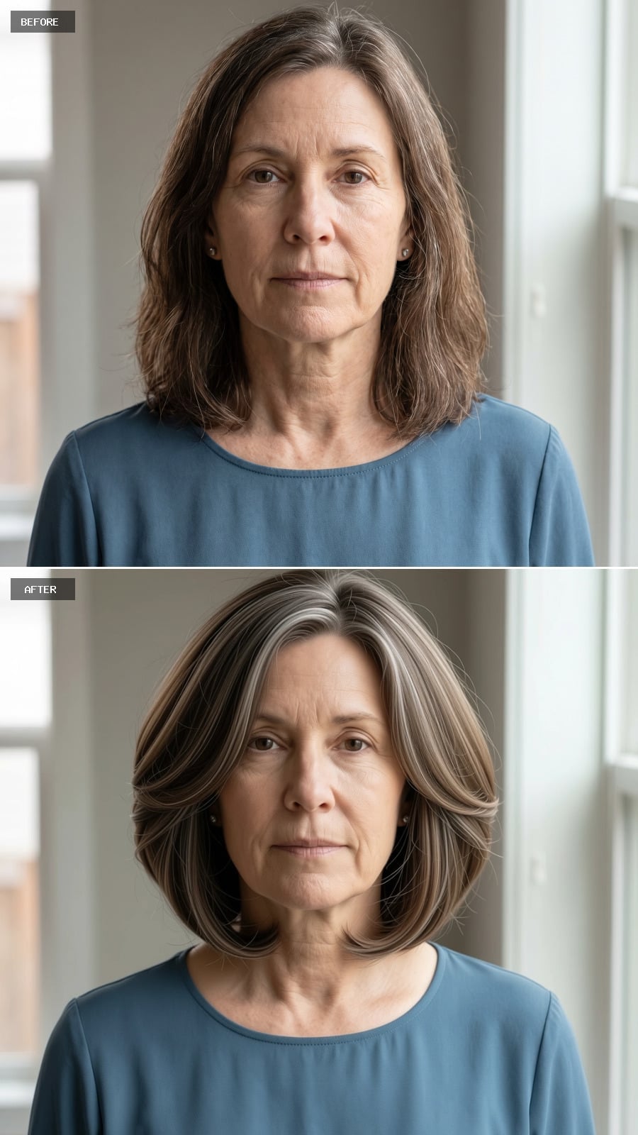 Layered bob with grown-out gray streaks
