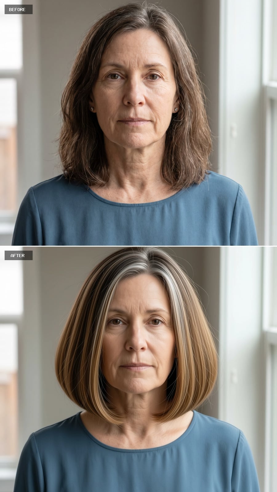 Chin-length bob with honey blonde and white-gray highlights