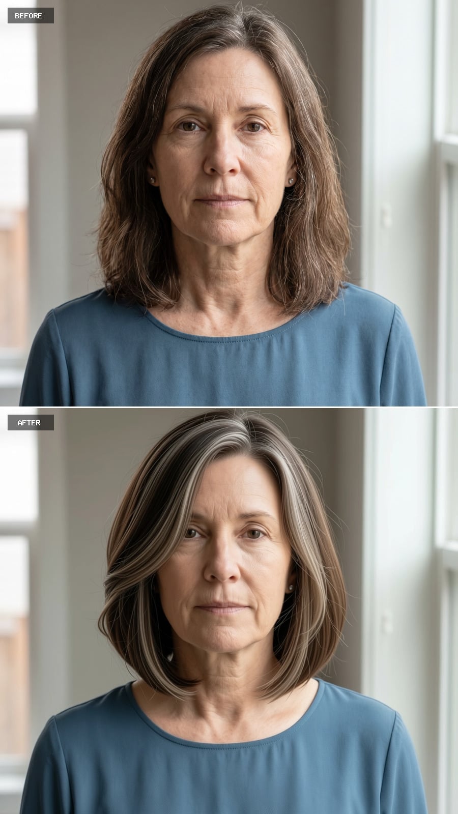 Shoulder-length layered bob with silver-white face-framing highlights