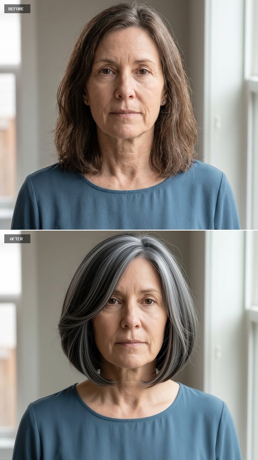Salt-and-pepper bob with swept crown volume