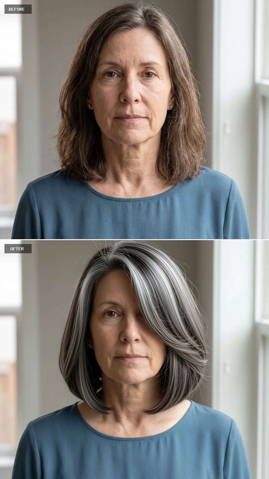 Salt-and-pepper graduated bob with side-swept volume