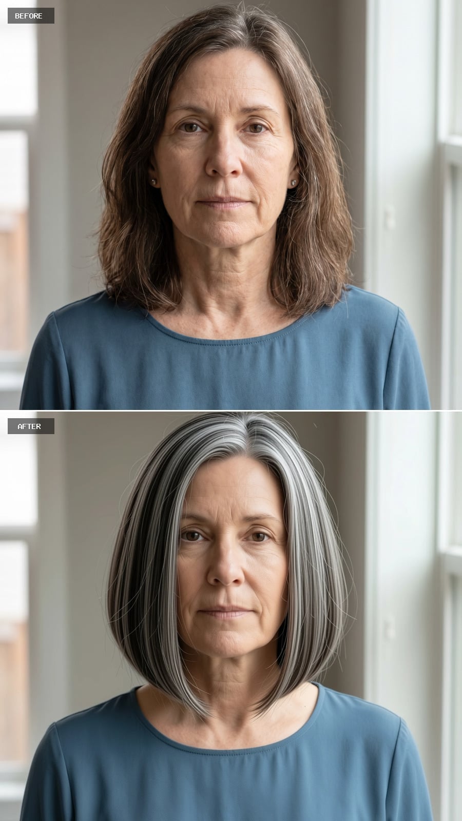 Silver-and-white jaw-length bob with blunt perimeter