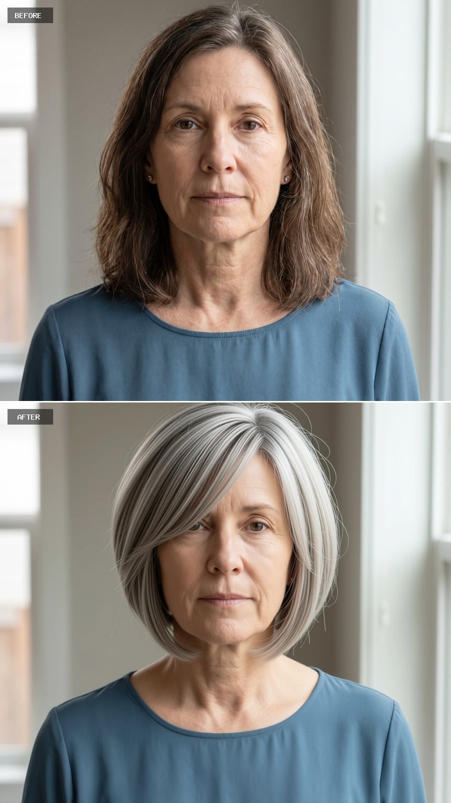 Short angled silver bob with ash roots and white ends