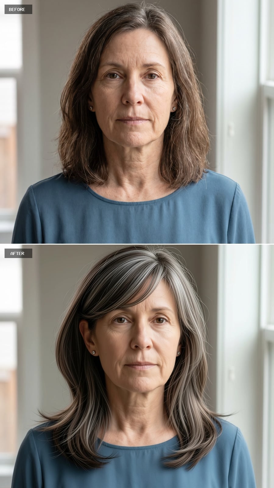 Collarbone-length layered haircut with natural silver and dark contrast