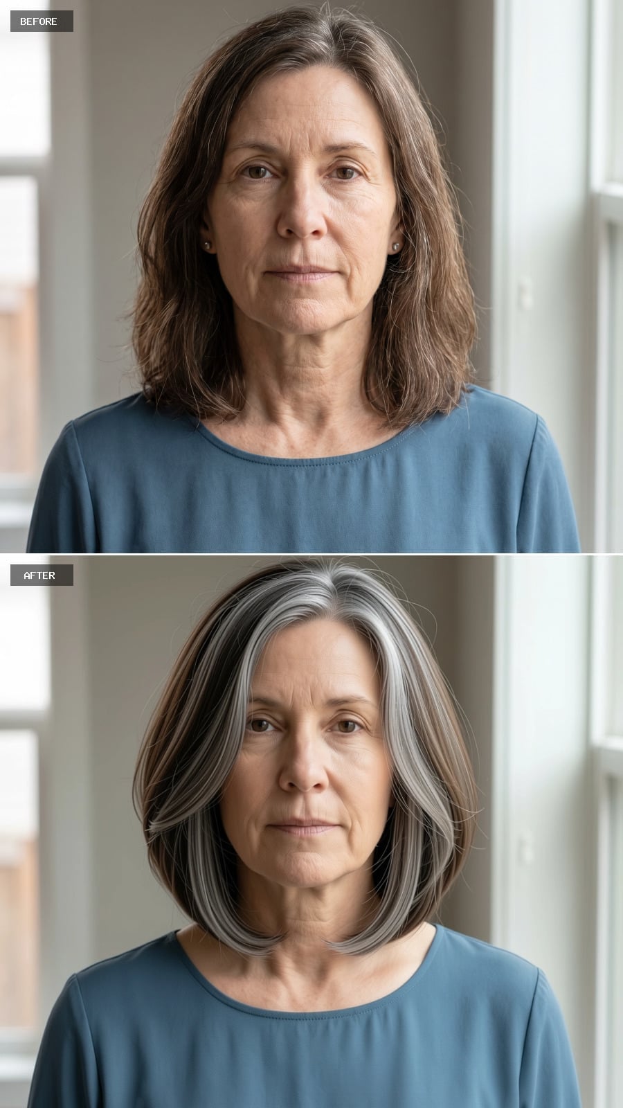 Silver-streaked bob with longer face-framing front sections