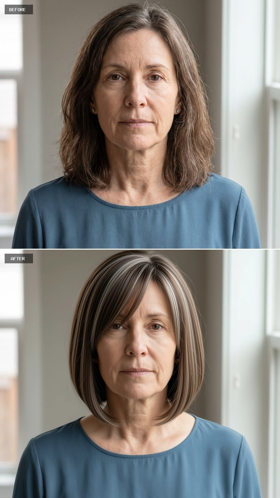 Silver-streaked jaw-length bob with long side bangs