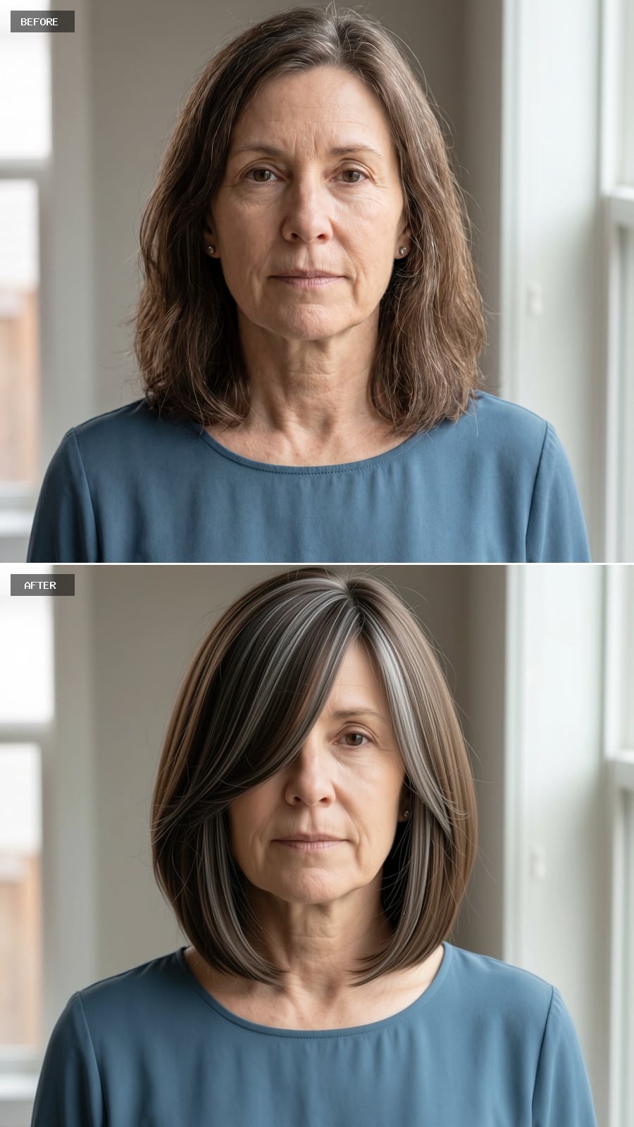 Silver and brown streaked blunt bob with side-swept fringe