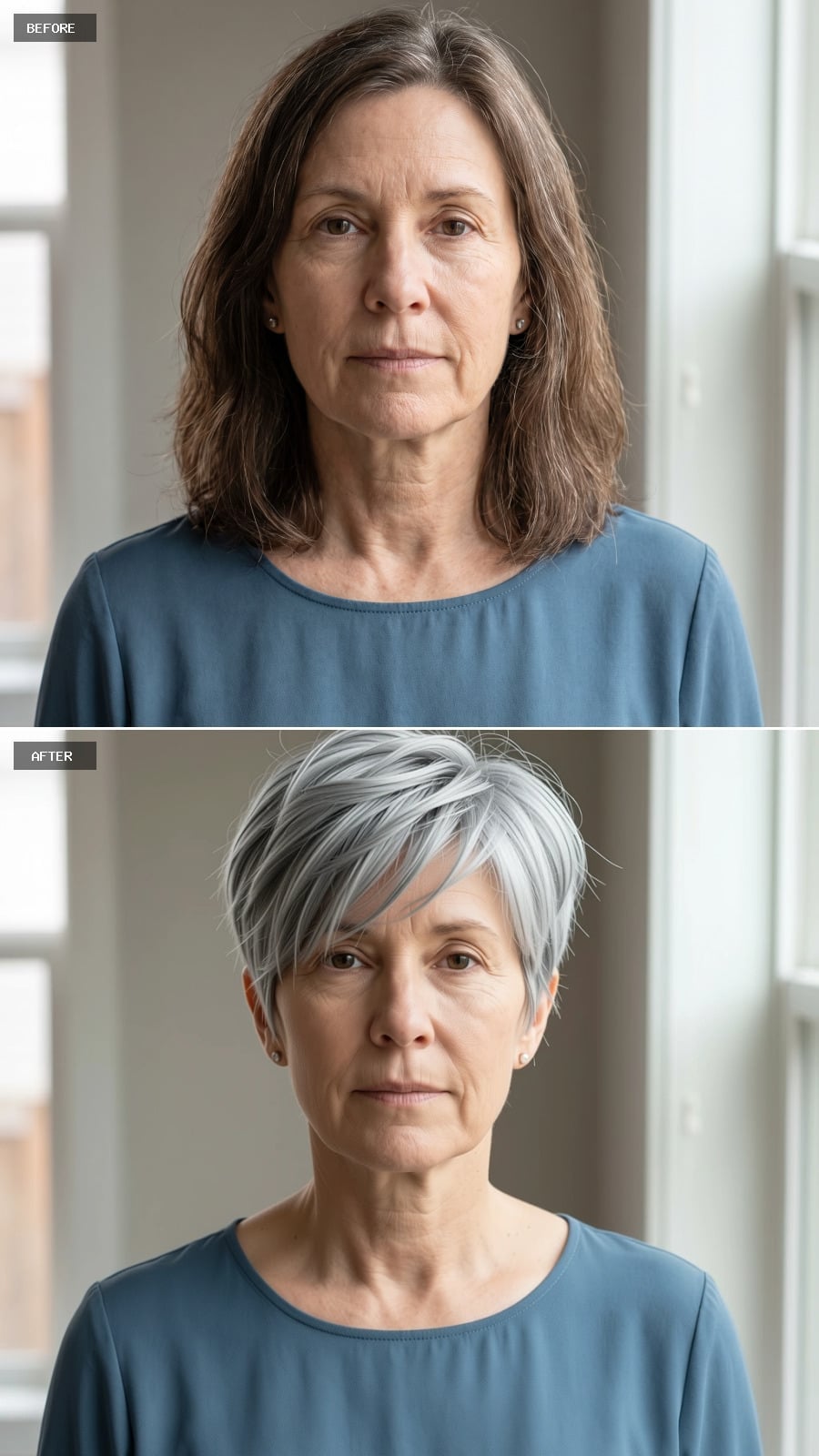 Slate-and-silver pixie with soft forward layers