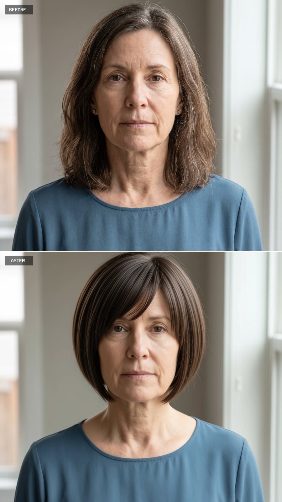 Straight dark brown blunt bob with side-swept bangs