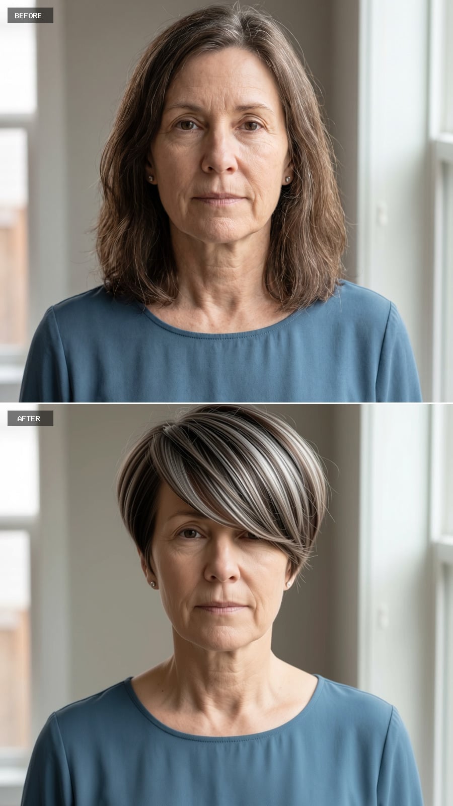 Short dark-and-silver bob with sweeping side part