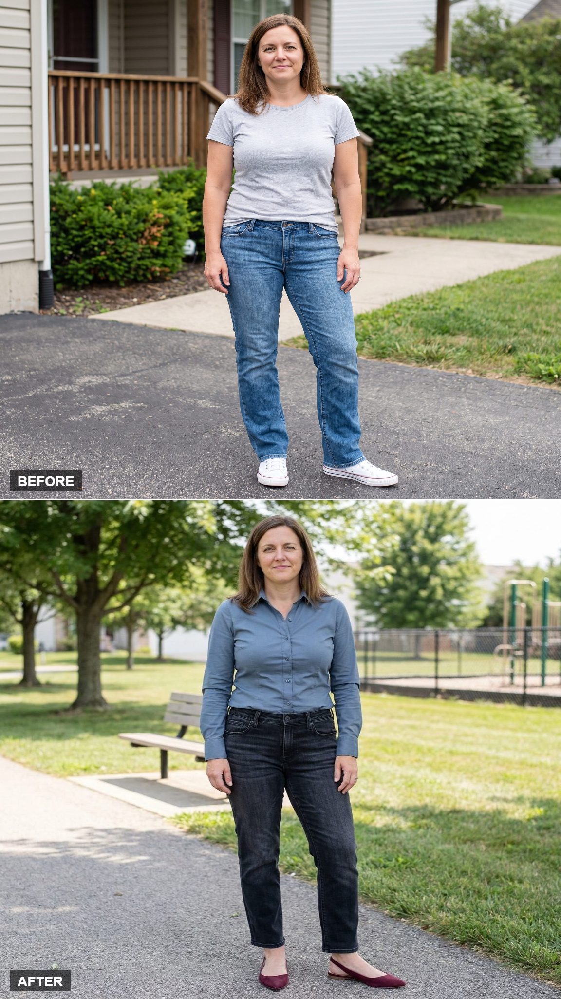 Washed-Black Ankle Straights, Dusty-Blue Button Shirt, and Burgundy Slingback Flats on a Park Path
