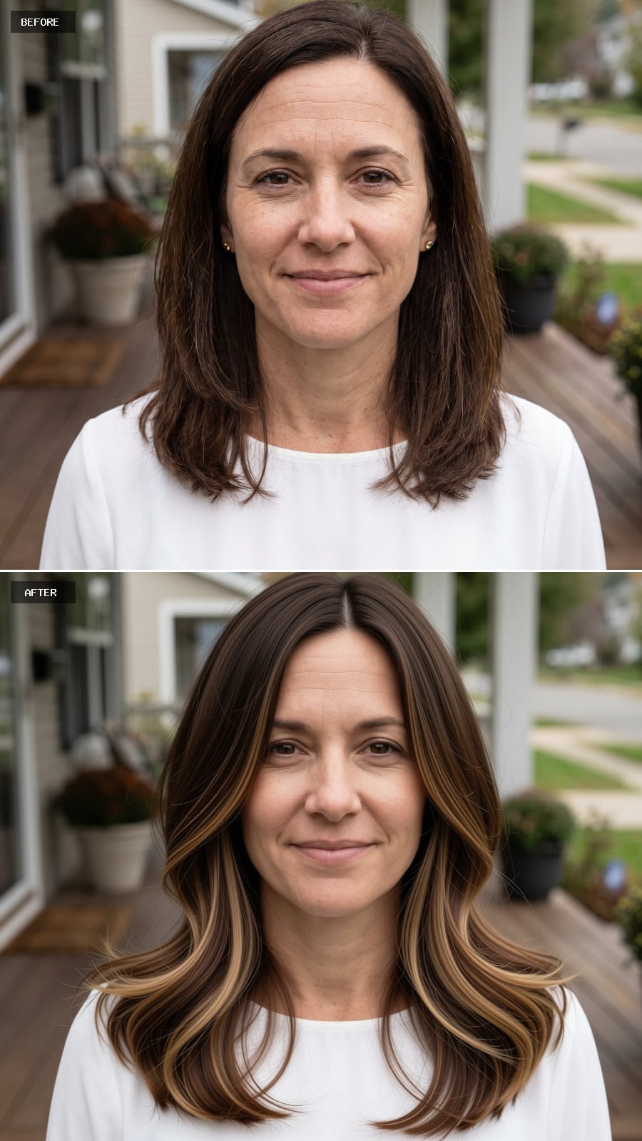 Brunette hair with caramel balayage and longer collarbone layers