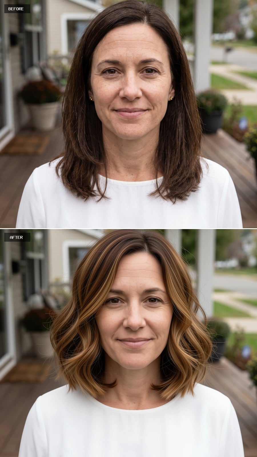 Shoulder-length brunette waves with honey and toffee balayage