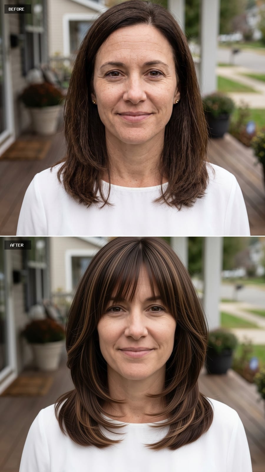 Long layered brunette hair with wispy bangs and caramel highlights