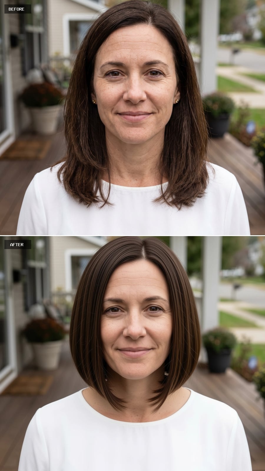 Dark brunette blunt bob angled slightly longer toward the front