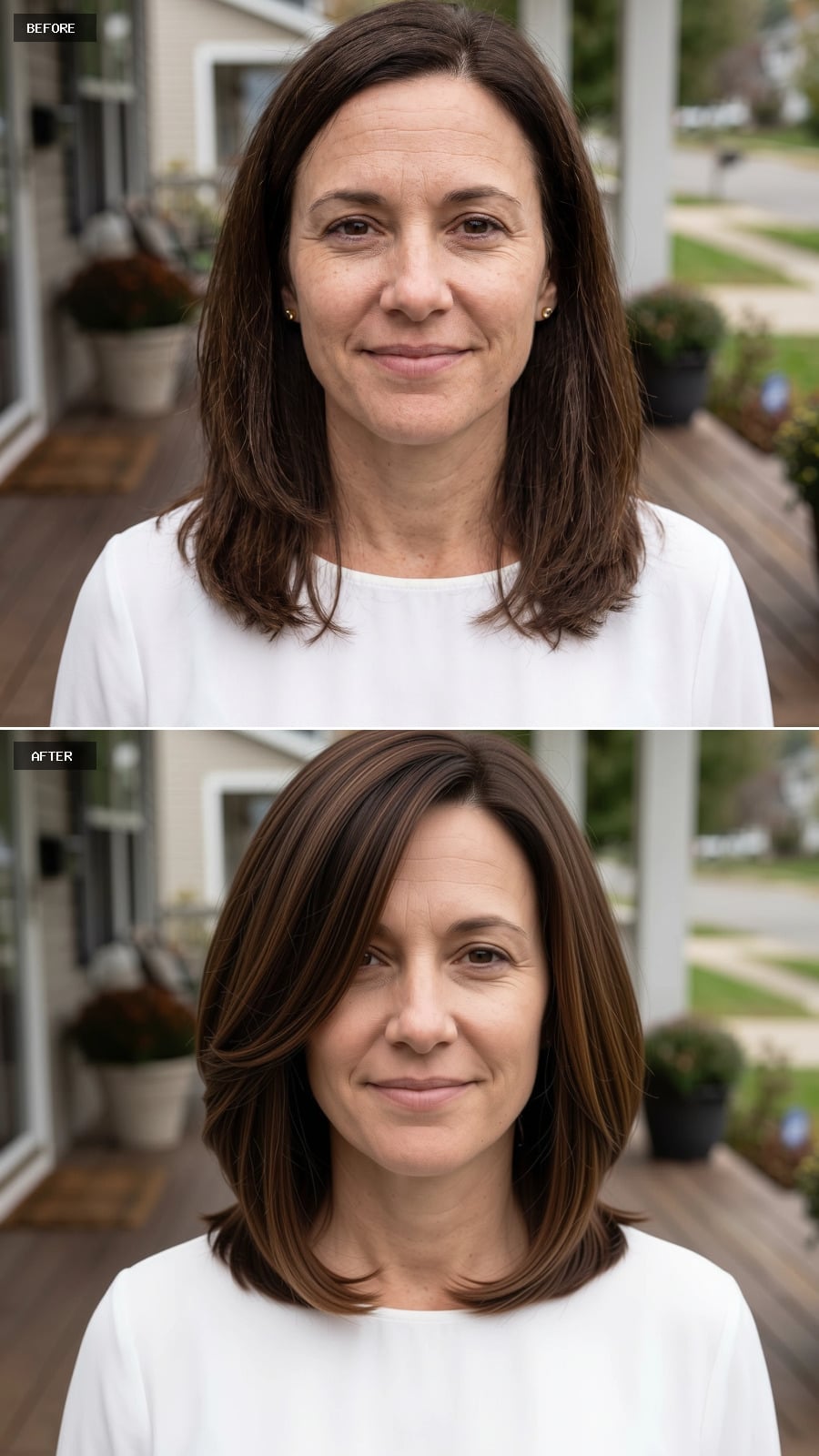 Collarbone-length brunette hair with vertical caramel highlights and long layers
