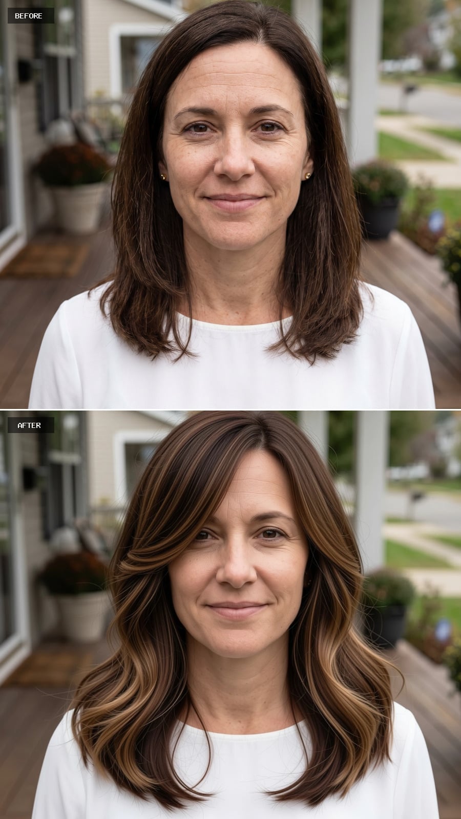 Collarbone brunette hair with caramel balayage and side-swept layers