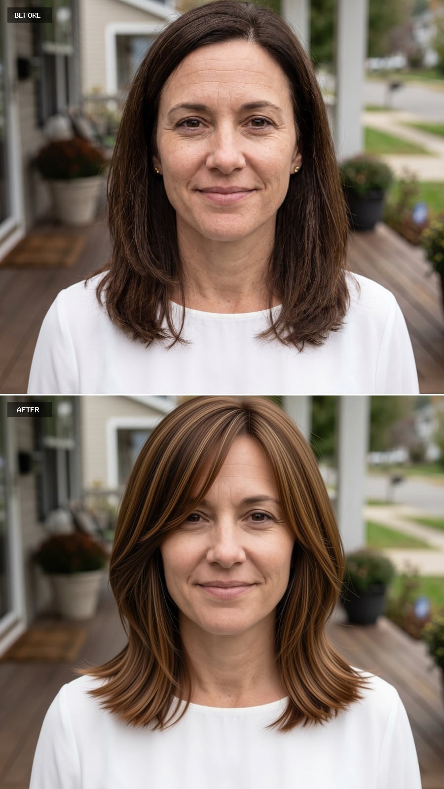 Side-parted brunette lob with caramel and honey highlights