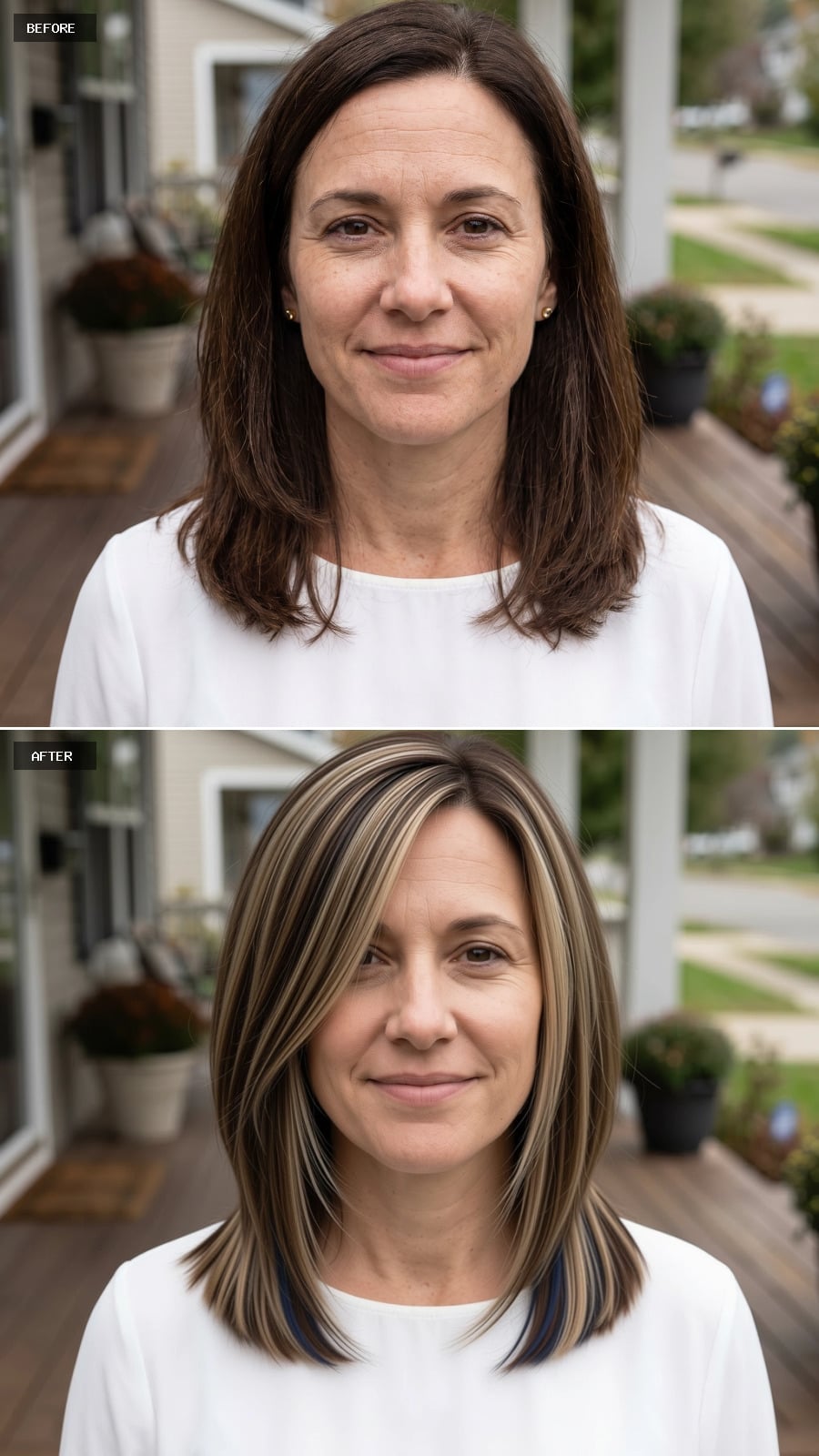 Sleek brunette lob with chunky platinum face-framing highlights and navy underneath